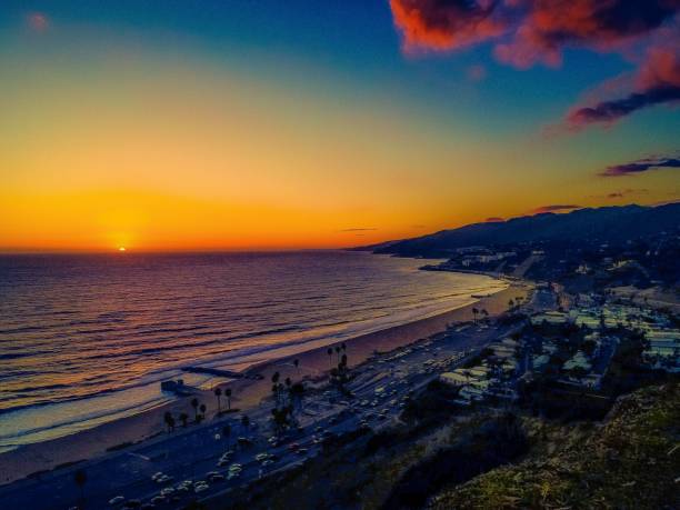Golden hour light over the Pacific Palisades coastline